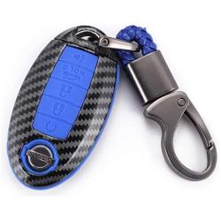 WFMJ Blue Carbon Fiber + Silicone Button Smart Remote 5 Buttons Key Fob Cover Case Shell Fob for Nissan Altima Maxima Armada Murano Rogue Sedan Pathfinder