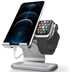 Phone and Apple Watch Stand, Apple Watch Stand Charger, ZVEdeng 2 in1 Universal Desktop Stand Holder for iPhone 12 Pro Max/12 Pro/12/12 Mini, Phone and Apple Watch(38mm-42mm)-Gray Leather