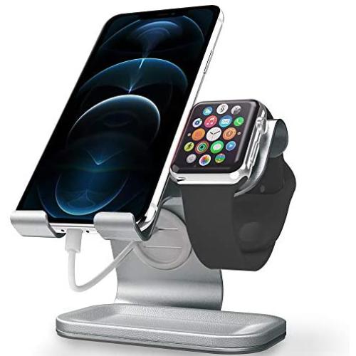 Phone and Apple Watch Stand, Apple Watch Stand Charger, ZVEdeng 2 in1 Universal Desktop Stand Holder for iPhone 12 Pro Max/12 Pro/12/12 Mini, Phone and Apple Watch(38mm-42mm)-Gray Leather