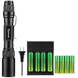 Skywolfeye 8 Pack 3.7v 5000mAh Rechargeable Battery Li-ion Button Top Battery and 4 Slot Battery Charger with 1Pcs 4000 Lumen 18650 Flashlight Zoomable, 5 Light Modes Waterproof for Camping Hiking