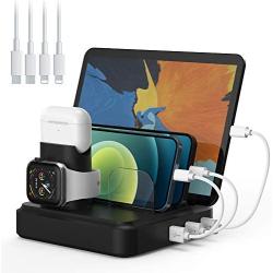 Charging Station for Multiple Devices, 5-Port Charger Organizer Dock with 4 Mixed Cables, USB Charging Station Compatible with iWatch, AirPods, Smart Phones, Tablets and More