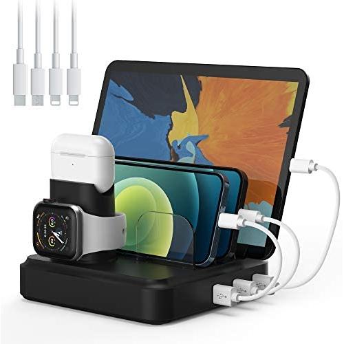 Charging Station for Multiple Devices, 5-Port Charger Organizer Dock with 4 Mixed Cables, USB Charging Station Compatible with iWatch, AirPods, Smart Phones, Tablets and More