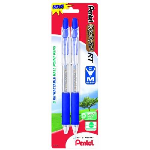 Pentel R.S.V.P. RT New Retractable Ballpoint Pen, Medium Line, Blue Ink, 2 Pack (BK93BP2C)