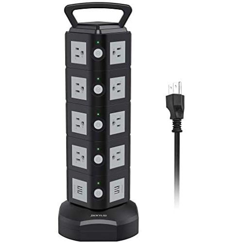 Power Strip Surge Protector Tower JACKYLED Electric Charging Station 13A 18 AC Outlets 4 USB Ports with 16AWG 6.5ft Heavy Duty Extension Cord for Home Office Computer Laptop Black Grey