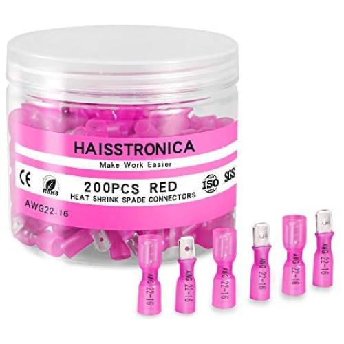 200pcs Spade Connectors Red 22-16AWG-Haisstronica Heat Shrink Male&Female Spade Connectors-Quick Disconnect Wire Connectors for Watercraft,Electronics,Automotive Spade terminlas