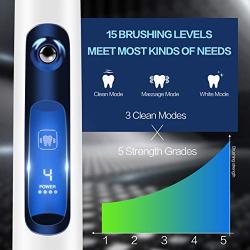 Lebond V2 Electric Toothbrush, 【UPDATE GRADE】15 Brushing Levels 6 Replacement Heads Sonic Toothbrush Power Rechargeable Kids Toothbrush with Automatic Timer, LCD Display for Adult, Travel, Blue