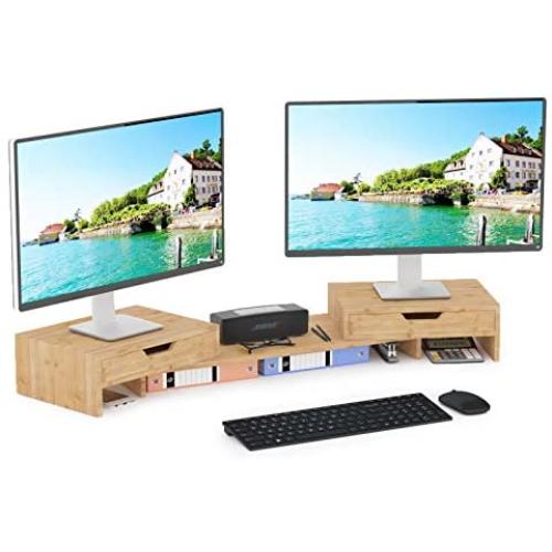 Elephance Dual Monitor Stand Riser with Adjustable Length and Angle, Bamboo Computer Riser with 2 Extra Drawers, Desk Organizer for Laptop, Computer