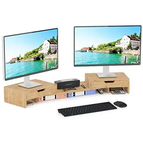 Elephance Dual Monitor Stand Riser with Adjustable Length and Angle, Bamboo Computer Riser with 2 Extra Drawers, Desk Organizer for Laptop, Computer