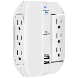 Kasonic Wall Outlet Surge Protector, 6 Grounded Outlets with 2.4A Dual USB Charging Ports, 1350 Joules, Space Saver Swivel, 15A/125V/1875W, Grounded Indicator, ETL Listed (White)