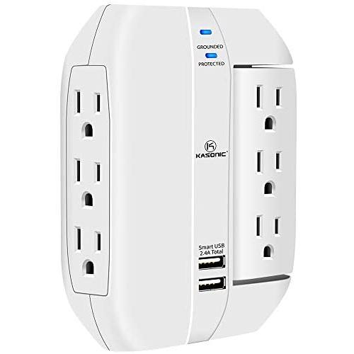 Kasonic Wall Outlet Surge Protector, 6 Grounded Outlets with 2.4A Dual USB Charging Ports, 1350 Joules, Space Saver Swivel, 15A/125V/1875W, Grounded Indicator, ETL Listed (White)