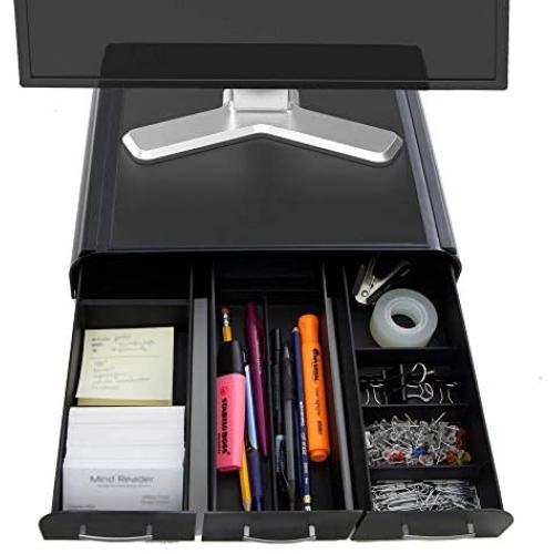 Mind Reader 2MONSTA3D-BLK PC, Laptop, IMAC Monitor Stand and Desk Organizer with 3 Draws for Storage, 2-Pack, Black