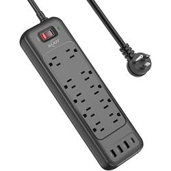 AiJoy Mountable Power Strip Surge Protector with 10 AC Outlets, 1 USB-C Port & 3 USB Ports, 10ft Extension Cord with Flat Plug, 1875W/15A, 1720Joules, Charging Station for Home, Dorm and Office