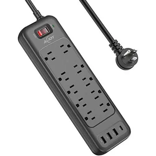 AiJoy Mountable Power Strip Surge Protector with 10 AC Outlets, 1 USB-C Port & 3 USB Ports, 10ft Extension Cord with Flat Plug, 1875W/15A, 1720Joules, Charging Station for Home, Dorm and Office