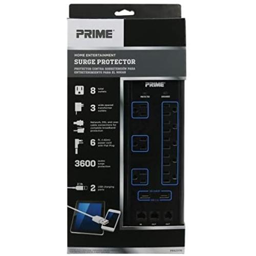 Prime Wire & Cable PB523118 8-Outlet Premium Electronics Surge Protector with 14/3 SJT 6-Feet Cord, Black