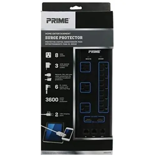 Prime Wire & Cable PB523118 8-Outlet Premium Electronics Surge Protector with 14/3 SJT 6-Feet Cord, Black Prime Wire & Cable PB523118 8-Outlet Premium Electronics Surge Protector with 14/3 SJT 6-Feet Cord, Black