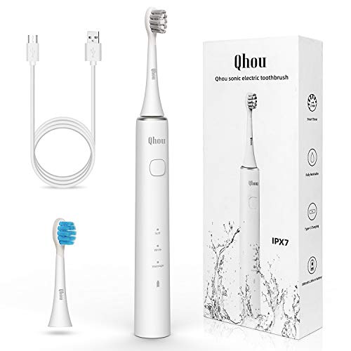 Qhou Sonic Electric Toothbrush for Adults, Rechargeable Power Toothbrush, 3 Cleaning Modes with Smart Timer, 40,000 VPM Whitening Toothbrush - 2 Duponts Brush Heads Included (White)