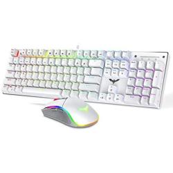 Havit Mechanical Gaming Keyboard and Mouse Combo Blue Switch 104 Keys Rainbow Backlit Keyboards, 4800 Dots Per Inch 7 Button Mouse Wired for PC Gamer Computer Laptop (White)