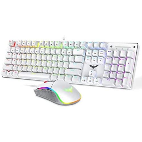 Havit Mechanical Gaming Keyboard and Mouse Combo Blue Switch 104 Keys Rainbow Backlit Keyboards, 4800 Dots Per Inch 7 Button Mouse Wired for PC Gamer Computer Laptop (White)