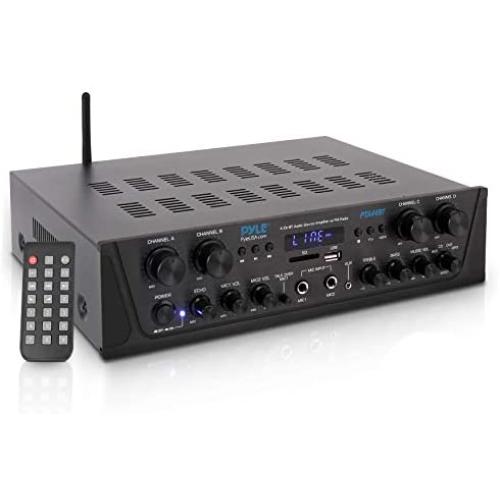 500W Karaoke Wireless Bluetooth Amplifier - 4 Channel Stereo Audio Home Theater Speaker Sound Power Receiver w/ AUX IN, FM, RCA Subwoofer Speakers OUT, USB, Microphone IN w/ Echo - Pyle PTA44BT