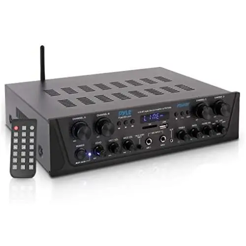 500W Karaoke Wireless Bluetooth Amplifier - 4 Channel Stereo Audio Home Theater Speaker Sound Power Receiver w/ AUX IN, FM, RCA Subwoofer Speakers OUT, USB, Microphone IN w/ Echo - Pyle PTA44BT 500W Karaoke Wireless Bluetooth Amplifier - 4 Channel Stereo Audio Home Theater Speaker Sound Power Receiver w/ AUX IN, FM, RCA Subwoofer Speakers OUT, USB, Microphone IN w/ Echo - Pyle PTA44BT