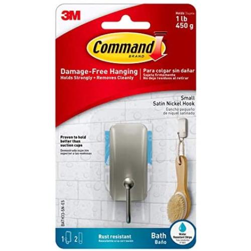 Command Bath Hook, Small, Satin Nickel, 1-Hook, 2-Small Water-Resistant Strips (BATH33-SN-ES), Organize Damage-Free