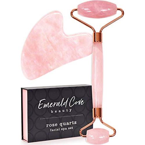 Jade Face Roller - Jade Roller for Face & Gua Sha Face Massager, 100% Natural Rose Quartz Roller – Face, Eye & Neck Rejuvenation Beauty Tools; Hand-Crafted with Squeak-Free Padding