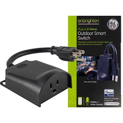GE Enbrighten Z-Wave Plus Smart Outdoor Switch, 1-Outlet Plug-In (2nd Gen.), Weather-Resistant, Works with Alexa, Google Assistant, for Landscape & Seasonal Lighting, ZWave Hub Required, 14298,Black