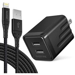 iPhone Charger Set, Overtime Apple MFi Certified Lightning Cable with Dual USB Wall Adapter 2.4 AMP Compatible w/iPhone 11 Pro Max XS XR X 8 7 6S 6 Plus SE AirPods iPad (Black/Black, 6ft)