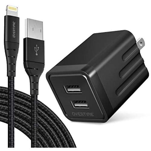 iPhone Charger Set, Overtime Apple MFi Certified Lightning Cable with Dual USB Wall Adapter 2.4 AMP Compatible w/iPhone 11 Pro Max XS XR X 8 7 6S 6 Plus SE AirPods iPad (Black/Black, 6ft)