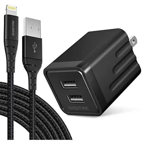 iPhone Charger Set, Overtime Apple MFi Certified Lightning Cable with Dual USB Wall Adapter 2.4 AMP Compatible w/iPhone 11 Pro Max XS XR X 8 7 6S 6 Plus SE AirPods iPad (Black/Black, 6ft)