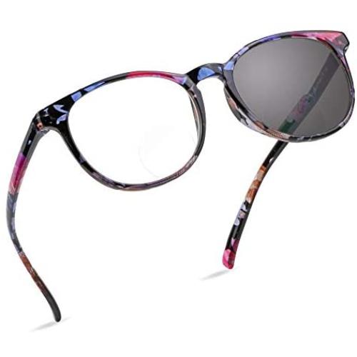 LifeArt Bifocal Reading Glasses, Transition Photochromic Dark Grey Sunglasses, Oval Frame, Computer Reading Glasses, Anti Glare (Floral, +0.00/+1.50 Magnification)