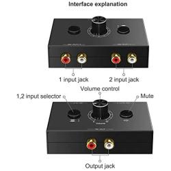 R/L Stereo Audio Bi-Directional Switcher 2 Input 1 Output, R/L Stereo Audio Switch Splitter 2 x 1/1 x 2, with Mute Button. No External Power Required
