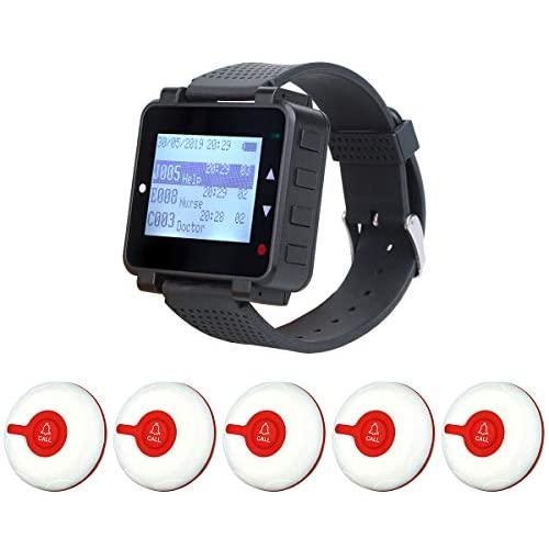 Retekess T128 Caregiver Pager,Nurse Call System,Sound Alert,Help Button,1 PC Watch Pager,5 PCS TD009 Call Buttons for Elderly,Patient,Disable