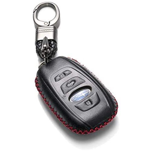 Vitodeco Leather Keyless Remote Smart Key Fob Case Cover with a Key Chain for 2014-2021 Subaru Forester, Impreza, Outback, WRX, BRZ, XV Crosstrek (4-Button, Black/Red)
