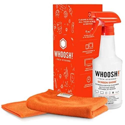 Screen Cleaner Kit by WHOOSH! - Best for Smartphones, iPads, Eyeglasses, e-Readers, Touchscreen & TVs - Includes 1 Unit of 500ml/16.9 fl oz (14x14) W! Cloth + Bonus (6x6) W!Cloth