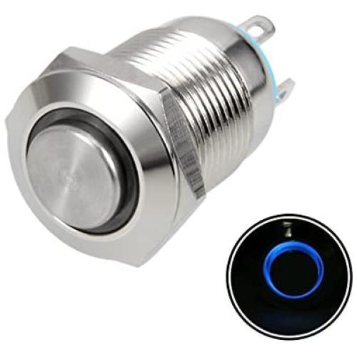 uxcell Momentary Metal Push Button Switch 12mm Mounting Dia 2A 1NO 3-6VAC/DC Blue LED Light