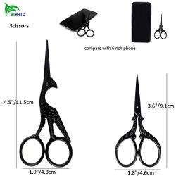 BIHRTC 4.5 Inch Small Embroidery Scissors and 3.6 Inch Black Scissors Sewing Stainless Steel Sharp Stork Crane Scissors Shears for Sewing Crafting Artwork Needwork Cross Stitch Scissors