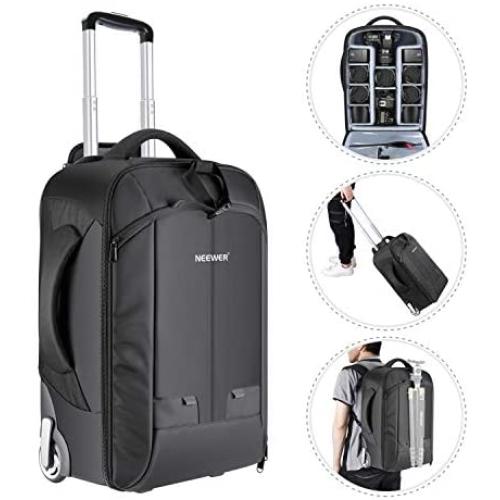 Neewer 2-in-1 Convertible Wheeled Camera Backpack Luggage Trolley Case with Double Bar, Anti-shock Detachable Padded Compartment for SLR/DSLR Cameras, Tripod, Lens and Other Accessories (Black/Grey)