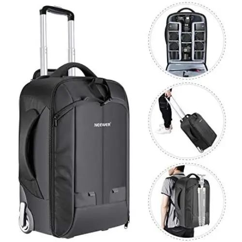Neewer 2-in-1 Convertible Wheeled Camera Backpack Luggage Trolley Case with Double Bar, Anti-shock Detachable Padded Compartment for SLR/DSLR Cameras, Tripod, Lens and Other Accessories (Black/Grey)