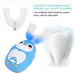 U Shaped Head Toothbrush, Soft Silica Gel Brush Head Children Automatic Sonic Electronic Toothbrush Cartoon Toothbrush Kids Toddlers (Mousse 60ml)(Blue)