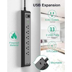 2 Pack Surge Protector Power Strip with 6 Outlets 2 USB Ports, 5-Foot Long Heavy-Duty Braided Extension Cords, Flat Plug, 900 Joules, 15A Circuit Breaker, Wall Mount for Home Office