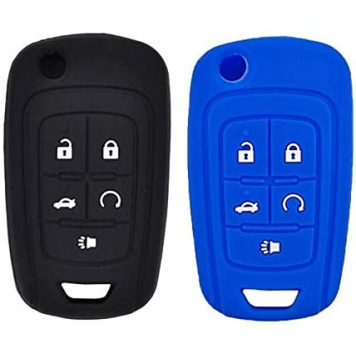 LemSa 2pcs Silicone 5 Buttons Flip Key Fob Cover Remote Keyless Entry Bag for Chevrolet Camaro Cruze Equinox Malibu SS Sonic Spark Volt Aveo Epica,Buick Lacrosse Encore GL8 Regal Excelle,Black/Blue