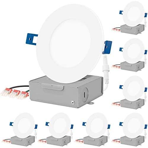 JULLISON LED 8 Packs 4 Inch Recessed Low Profile Slim Panel Light with Junction Box, Air Tight, 120VAC, 9W, 550 Lumens, 5000K Daylight White, CRI80+, Dimmable, ETL Listed, Energy Star Certified
