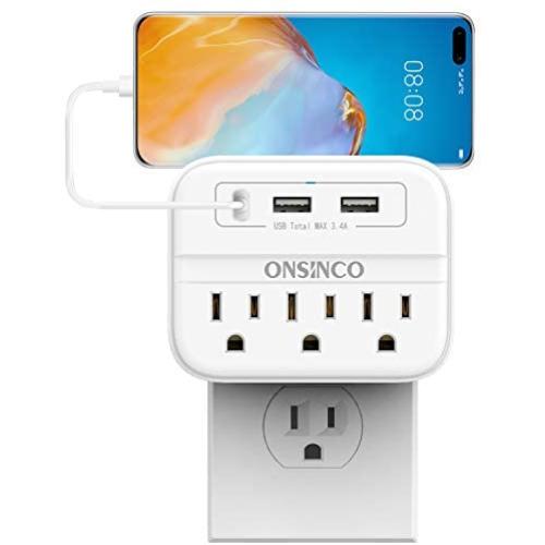 Wall Charger Outlet Extender, ONSINCO 3-Outlet Surge Protector Multi Plug Outlet with 3 USB Wall Charger(Total 3.4A), Outlet Adapter for Home, Office and School