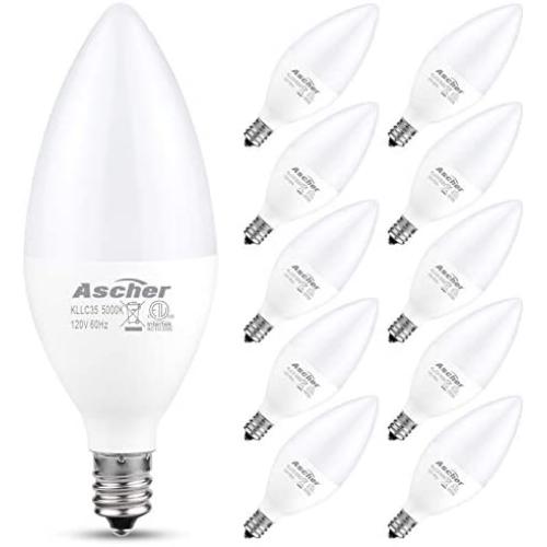 Ascher E12 LED Candelabra Light Bulbs, Equivalent 60W, 550 Lumens, Daylight White 5000K, Candelabra Base, Non-dimmable, Chandelier Bulb, Pack of 10