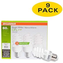 Sylvania 13W CFL T2 Spiral Light Bulb, 60W Equivalent, 850 Lumens, 3500K Bright White, Non-Dimmable (9-Pack) (Bright White)