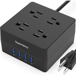 USB Power Strip Surge Protector - SUPERDANNY Mountable Charging Station with 4 Widely Spaced AC Outlets & 4 Smart USB Ports, 5ft Desktop Extension Cord for Home, Office, Hotel, Dorm Room, RV, Black