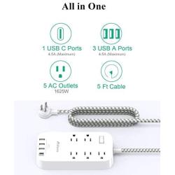 USB C Power Strip, Flat Plug with 5 Outlets 4 USB(4.5A), 5Ft Long Extension Cord with USB, Wall Mount Overload Protection Power Outlet Strip, Desktop Charging Station for Home, Office, Dorm Essentials
