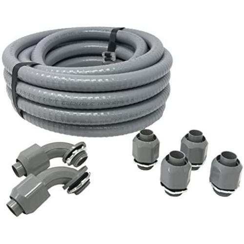 Sealproof Non-metallic Liquid-Tight Conduit and Connector Kit, 1/2-Inch 25 Foot Flexible Electrical Conduit Type B with 4 Straight and 2 90-Degree Conduit Connector Fittings, 1/2'' Dia