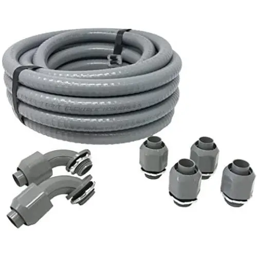 Sealproof Non-metallic Liquid-Tight Conduit and Connector Kit, 1/2-Inch 25 Foot Flexible Electrical Conduit Type B with 4 Straight and 2 90-Degree Conduit Connector Fittings, 1/2'' Dia